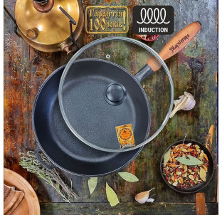 Т305С3 Сковорода чавунна 26*6см з дерев\'яною ручкою зі скляною кришкою - фото