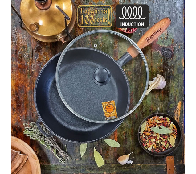 Т305С3 Сковорода чавунна 26*6см з дерев\'яною ручкою зі скляною кришкою - фото