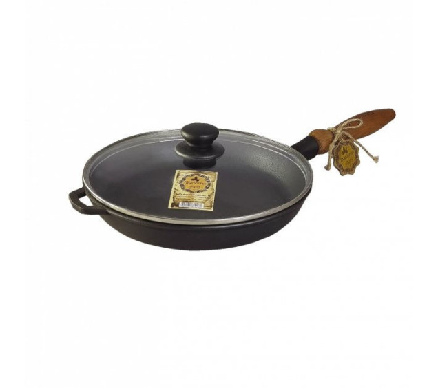 Т302С3 Сковорода чавунна 24*4см з дерев\'яною ручкою зі скляною кришкою - фото 1