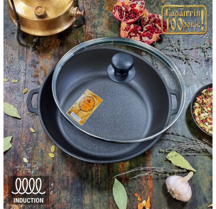 Т1011С3 Жаровня чавунна 20*4см зі скляною кришкою - фото