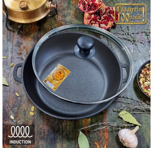 Т102С3 Жаровня чавунна 24*6см зі скляною кришкою - фото