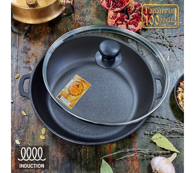 Т103С3 Жаровня чавунна 26*6см зі скляною кришкою - фото