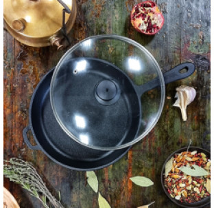 Т2012С3 Сковорода чавунна 22*4см  зі скляною кришкою - фото