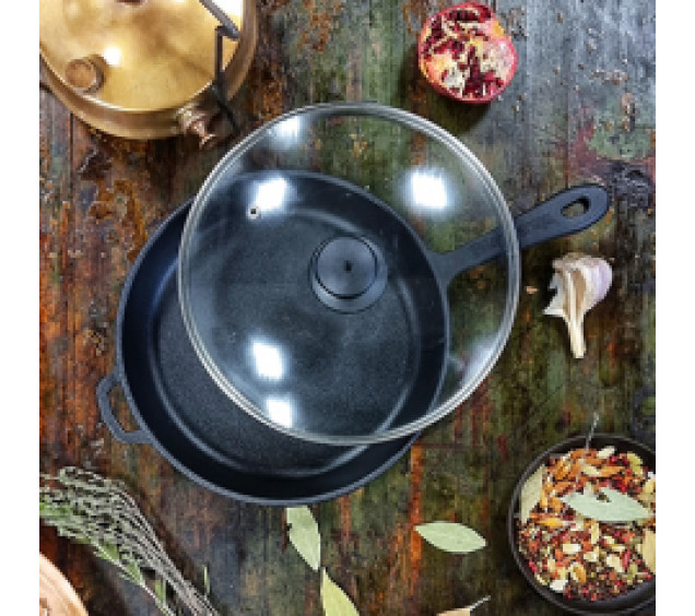 Т2012С3 Сковорода чавунна 22*4см  зі скляною кришкою - фото