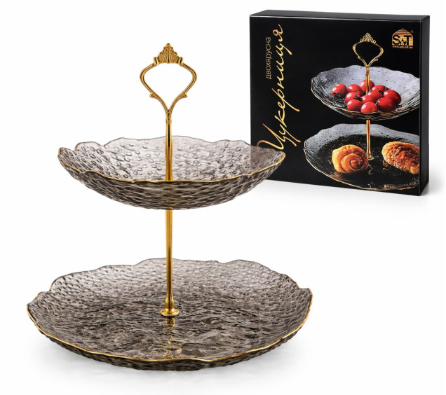 30088-2 Цукерниця 2х ярусна "Агат", золотий кант (d-20; 26см h-25) - фото