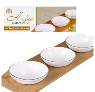 30190-00 Набір ємностей 3шт 3,5' на бамбуковій підставці, золотий кант - фото