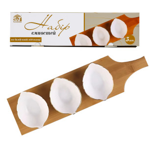 30191-00 Набір ємностей 3шт 3,5' "Листок" на бамбуковій підставці з ручкою, золотий кант - фото