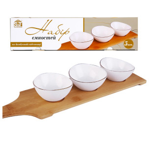 30192-00 Набір ємностей 3шт 3,5' "Овал" на бамбуковій підставці з ручкою, золотий кант - фото