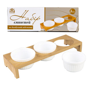 30193-00 Набір ємностей 3шт 3,5' на бамбуковій підставці, золотий кант - фото