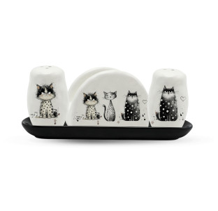 700-08-23 Набір для солі та перцю на керамічній підставці "Котики" - фото