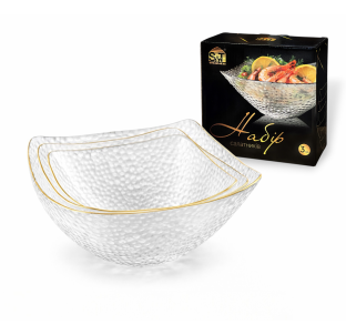 9293-1 Набір салатників 3 пр. квадрат, прозорий 18*18*7см(1л); 16*16*6.5см(0,7л); 14*14*6см(0,5л) - фото