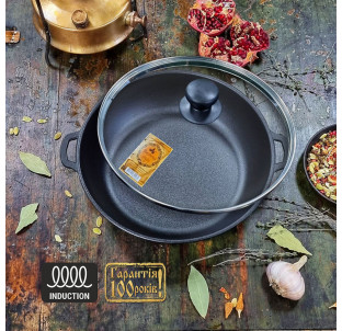 Т104С3 Жаровня чавунна 28*6см зі скляною кришкою - фото