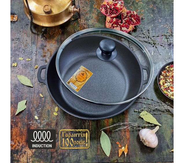 Т104С3 Жаровня чавунна 28*6см зі скляною кришкою - фото