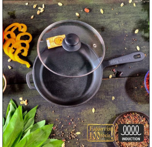 Т2011С3 Сковорода чавунна 20*4 см  зі скляною кришкою - фото