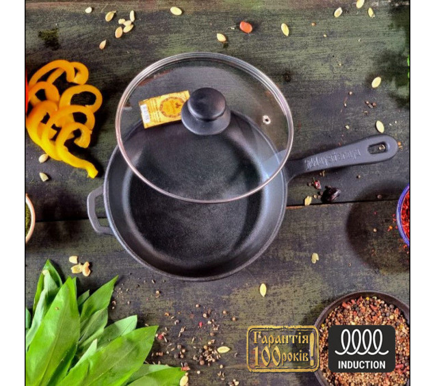 Т2011С3 Сковорода чавунна 20*4 см  зі скляною кришкою - фото