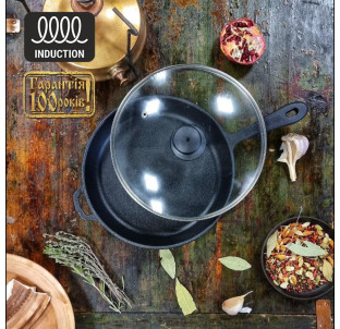 Т2013С3 Сковорода чавунна 24*4см зі скляною кришкою - фото