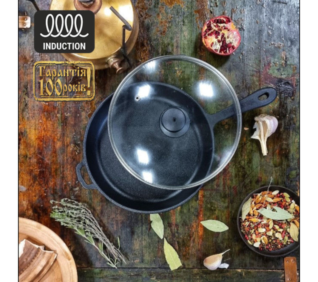 Т2013С3 Сковорода чавунна 24*4см зі скляною кришкою - фото